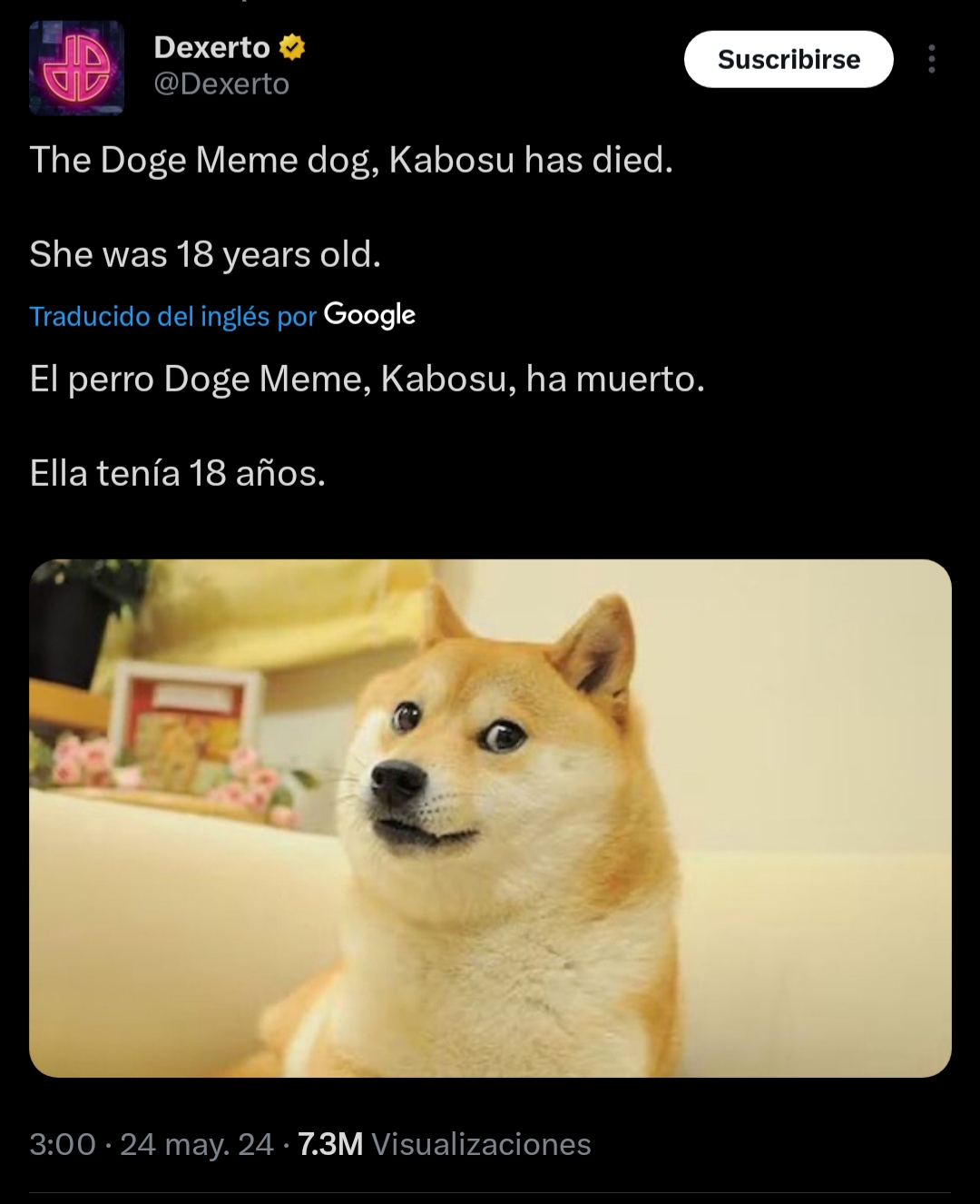 Tweet informando su muerte